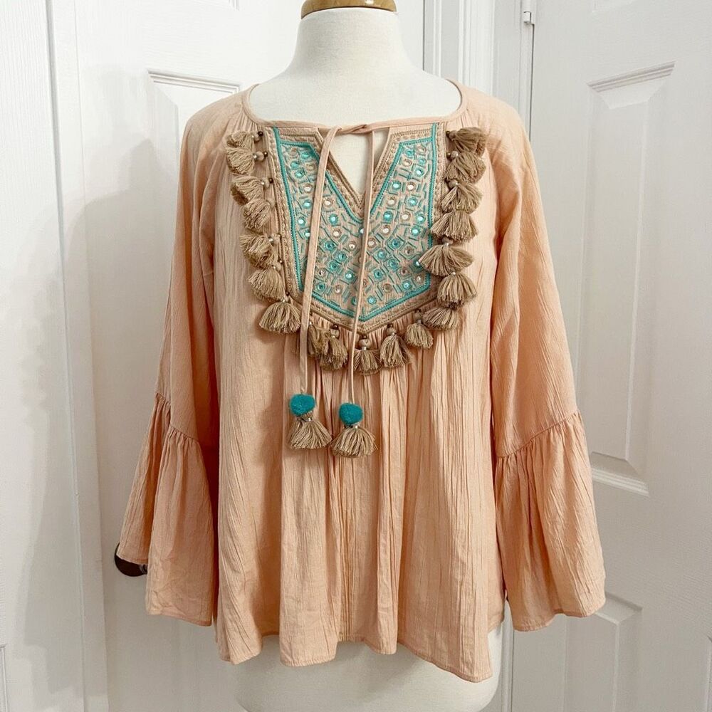 Lilly Pulitzer Sandstone Peach Bell Sleeve Keyhole Shandy Embellished Blouse